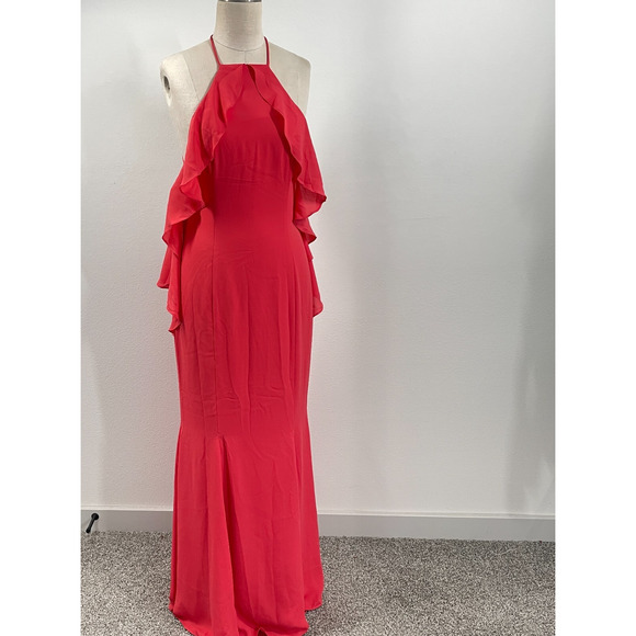 Fame and Partners Dress Women US 6 Coral Quasar Ruffle Gown Drop Back Party - Picture 1 of 10